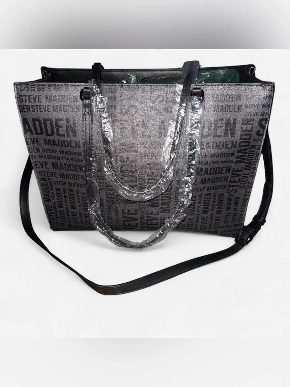 Steve Madden Black Logo Print Laptop Tote with White Accent